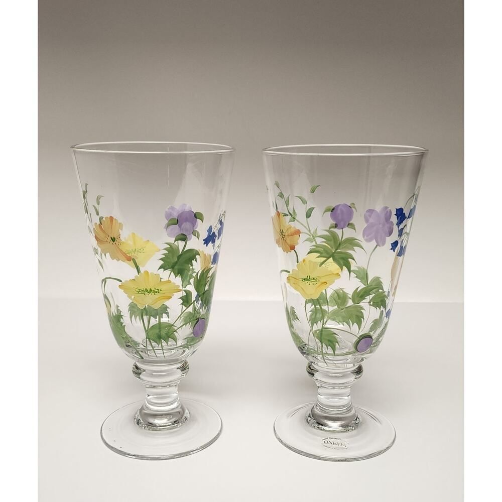 Oneida Glass Drink Goblets Set Of 2 Hand Painted Floral Bloom Drinkware Glasses